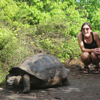 A woman squating next to a large tortoise